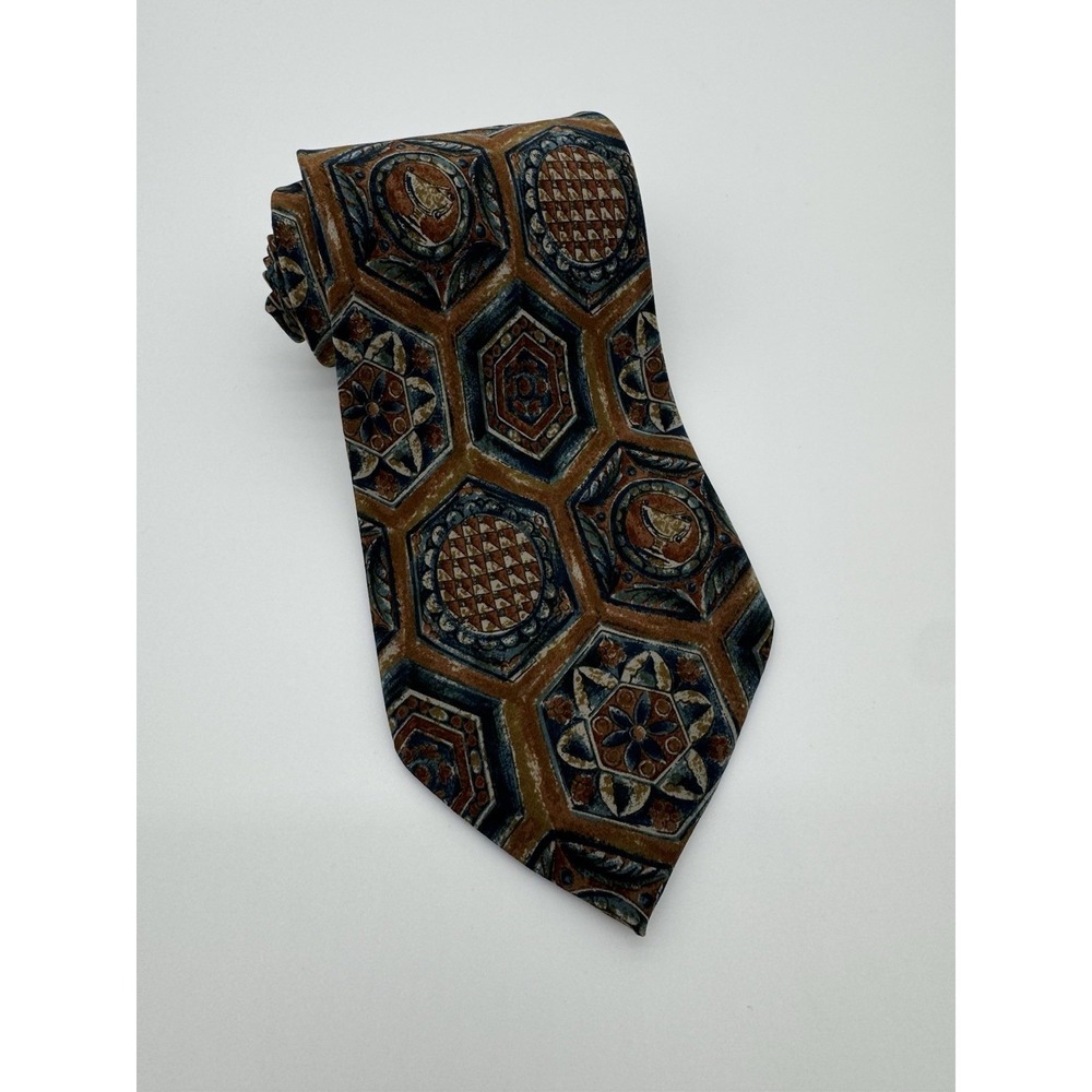 Vintage Valentino Silk Tie Geometric Medallion Brown Blue Necktie‎ Made in Italy